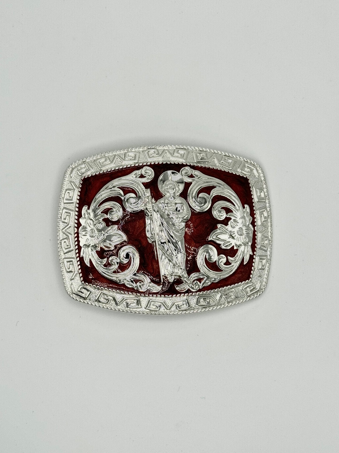 Silver with maroon "San Judas" belt buckle