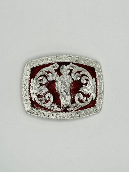 Silver with maroon "San Judas" belt buckle