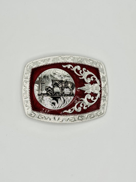 "Hombre Rezando" Belt buckle silver with maroon