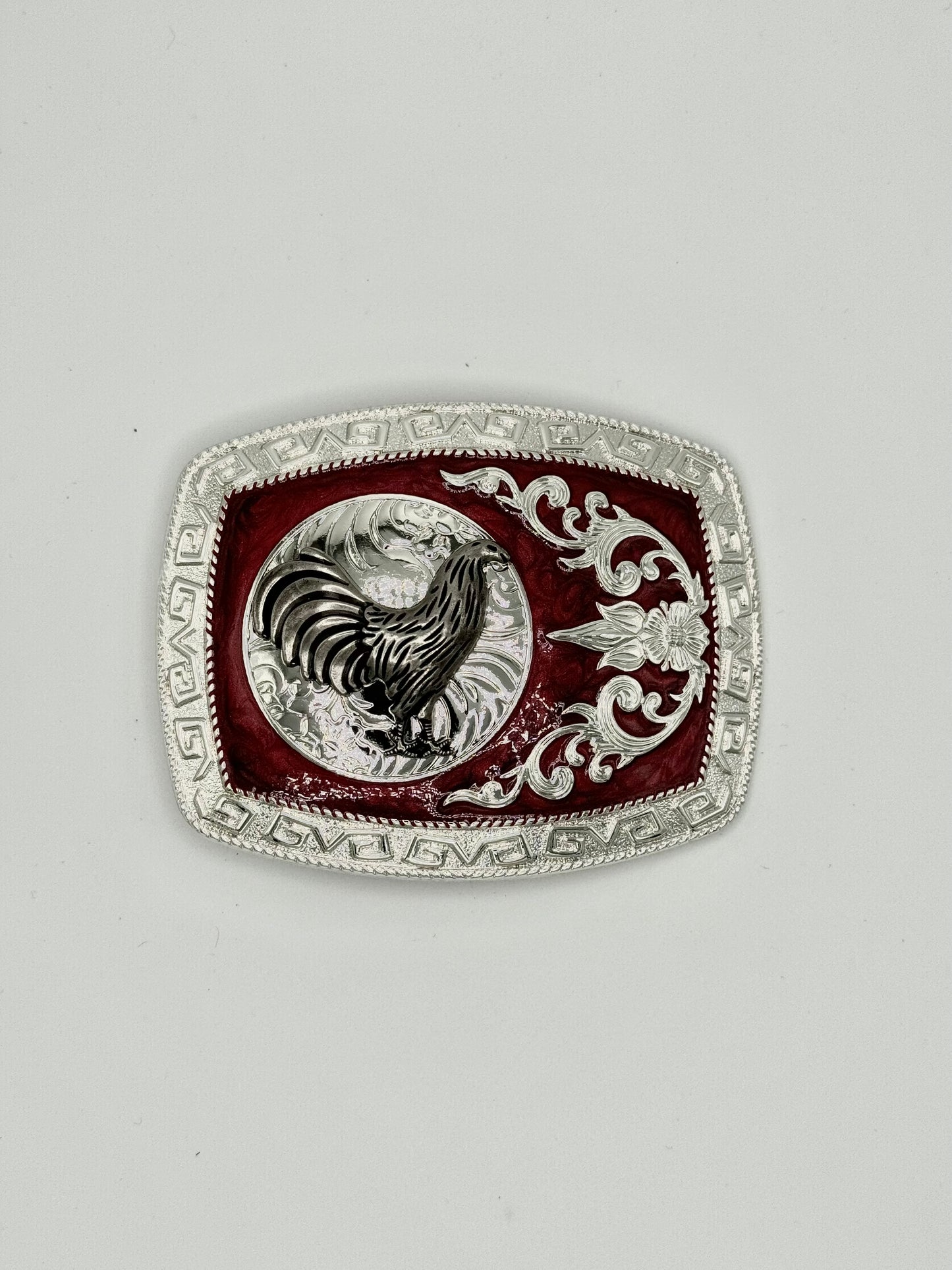 Rooster belt buckle silver with maroon