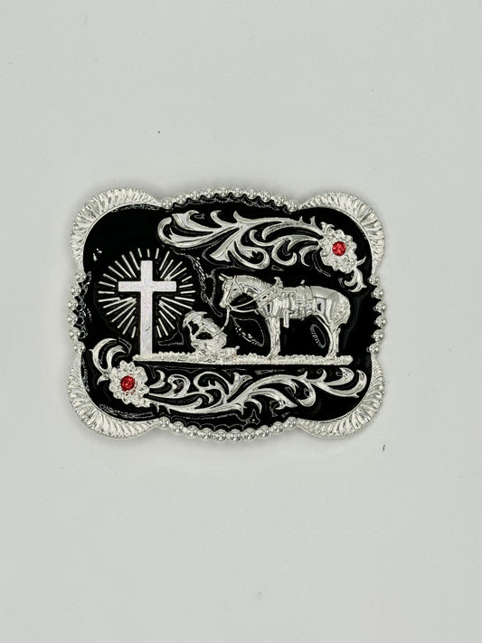 Vaquero Rezando- black and silver belt buckle