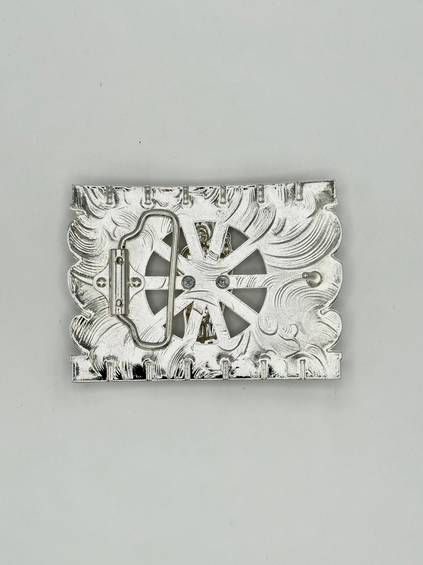 Silver San Judas belt buckle