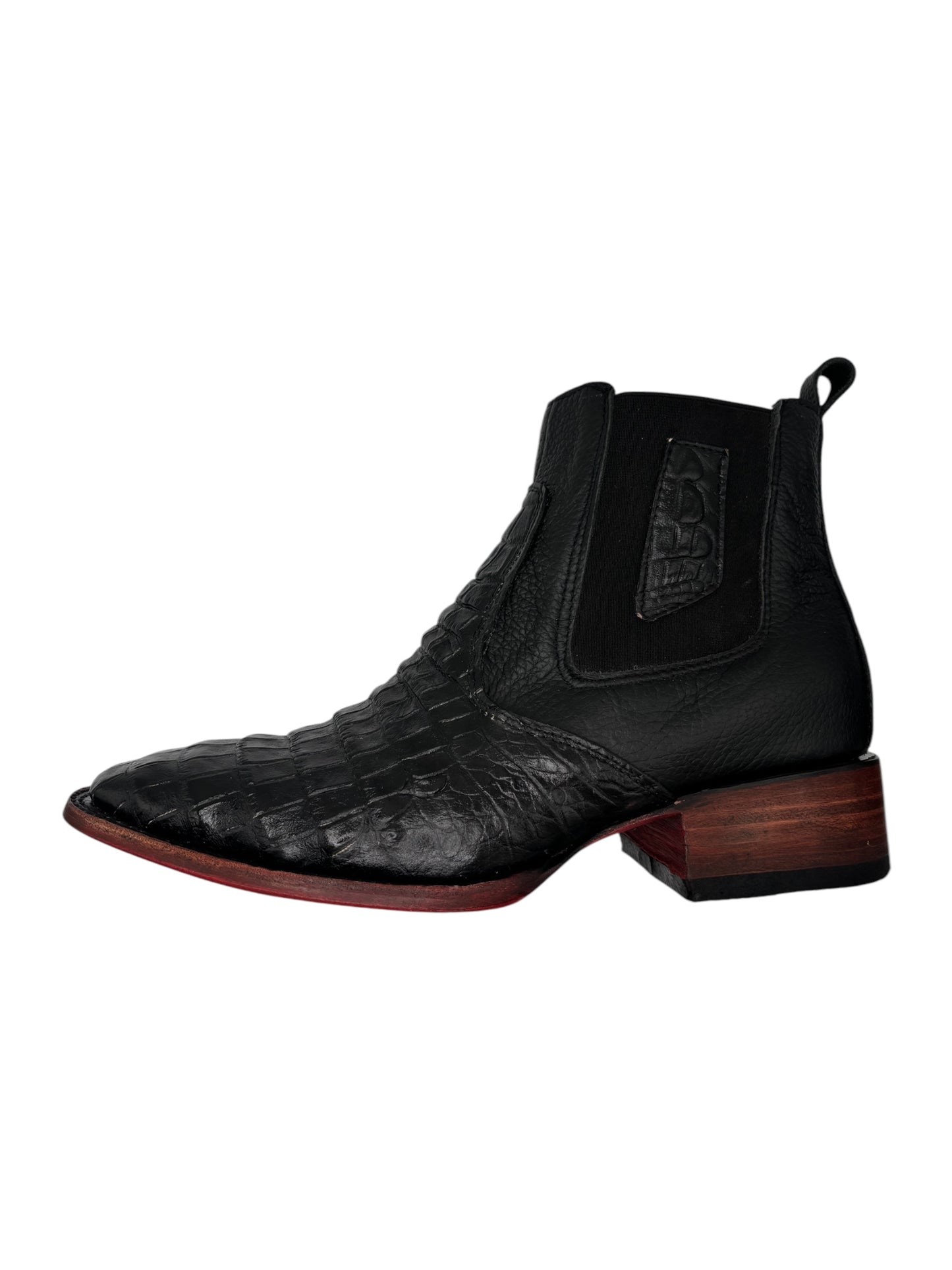 Botin Coco belly grabado negro con suela roja
